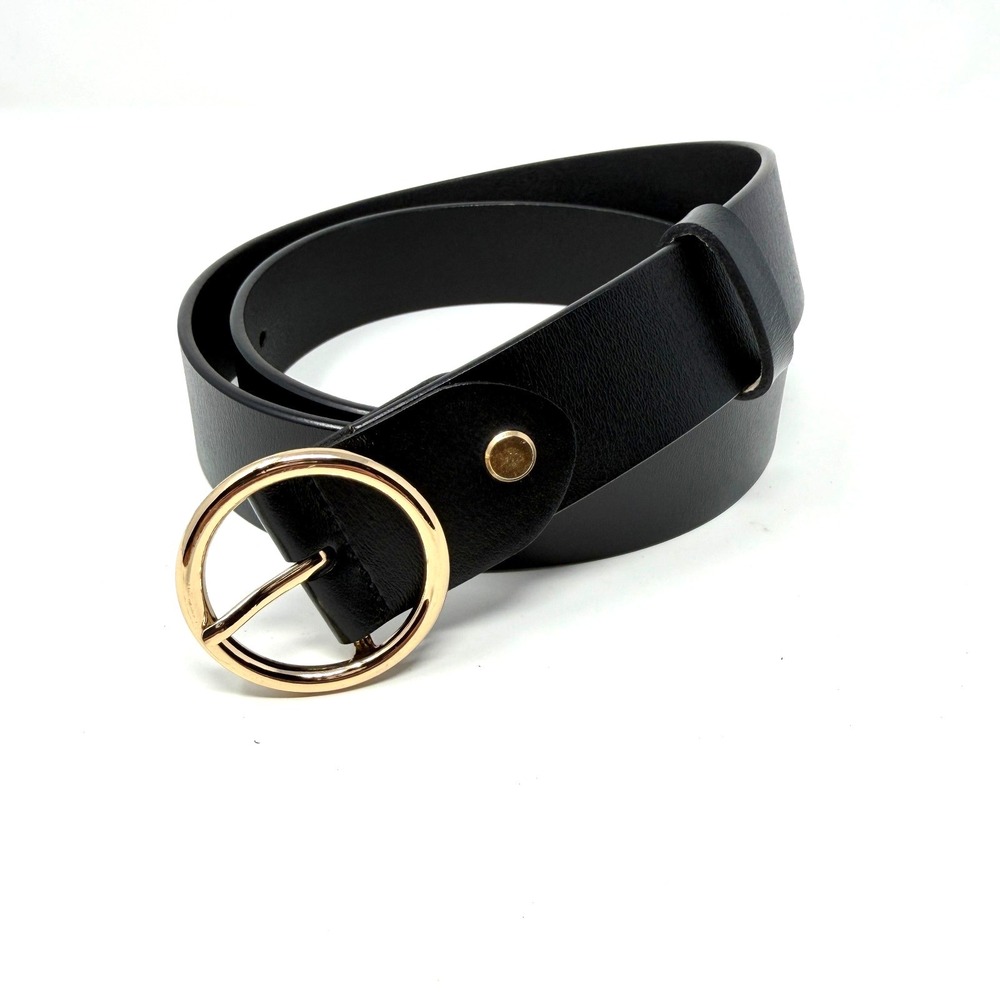 Women's Leather Dress Belt Gold Oval Buckle Black Size L